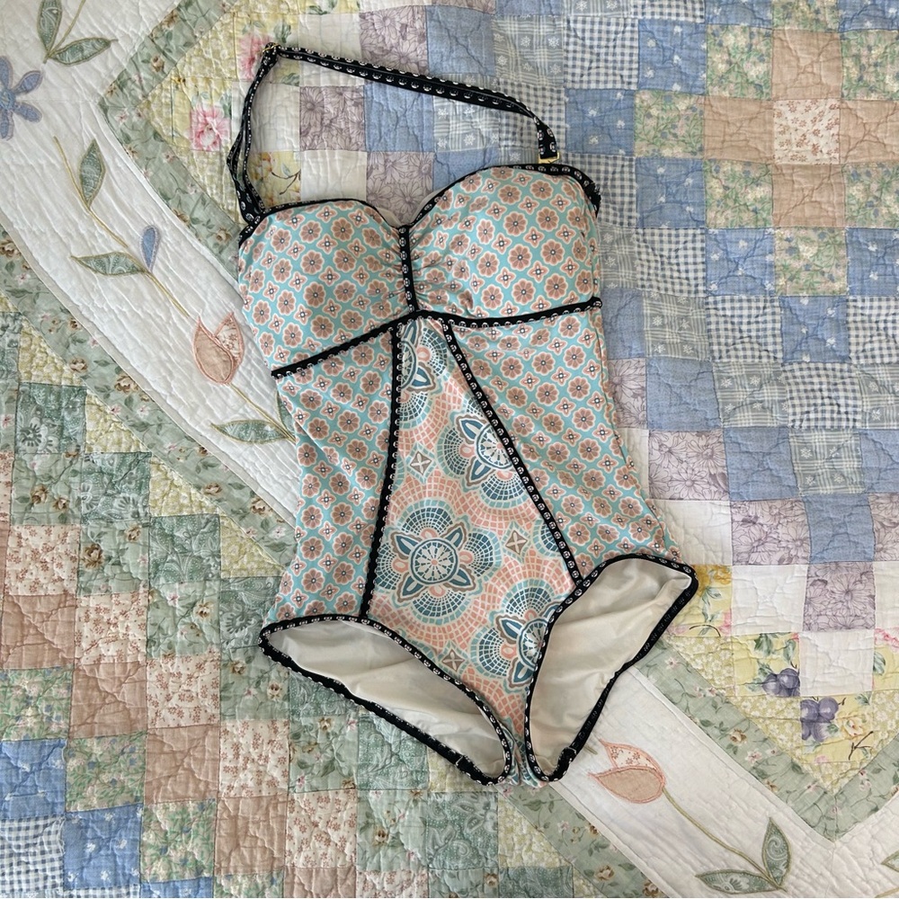 coco rave paisley one piece bathing suit, peach / light blue / black / white